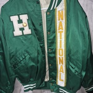 Vibtage Green 'National' Satin Letterman Jacket with White H Patch